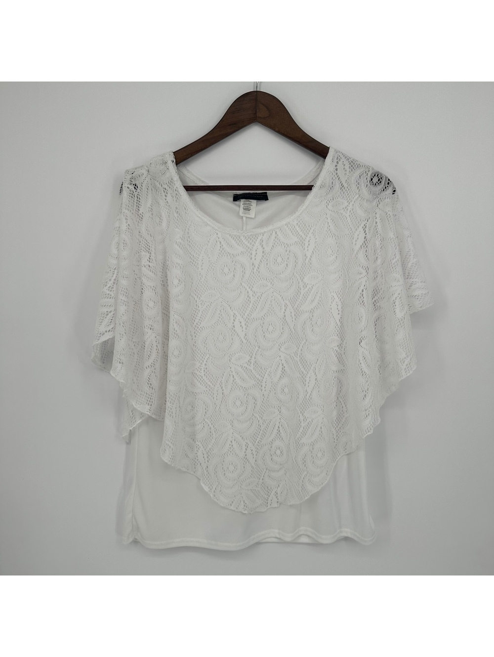 White Floral Lace Overlay Bell Sleeve Cottage Blouse Top XL